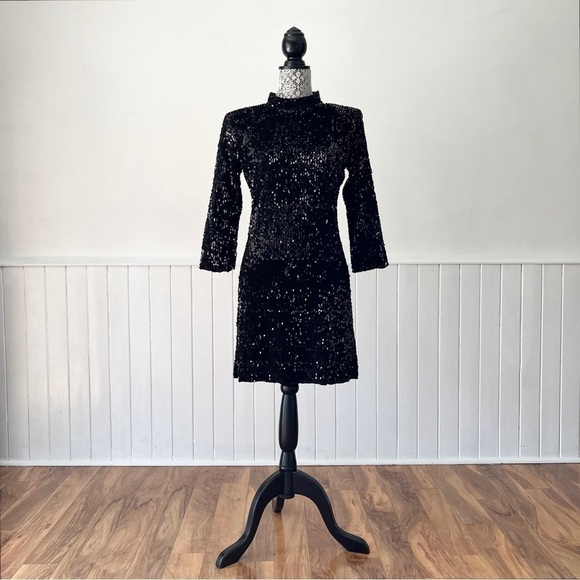Zara Basic Black Mock Neck Open Back 3/4 Sleeve Sequin Mini Dress Size L - Picture 15 of 15